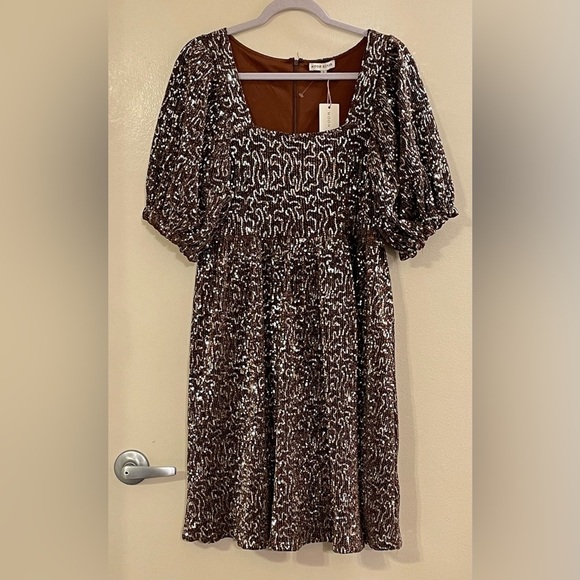 MOON RIVER by ANTHROPOLOGIE Sequin Babydoll Mini Dress in Brown - Picture 5 of 10